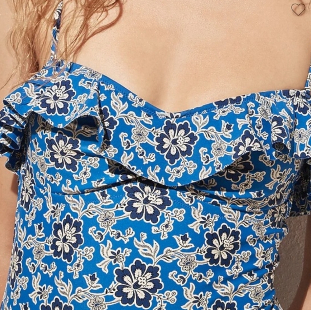 J. Crew Blue Floral Ruffle One-Piece Swimsuit - Picture 3 of 6